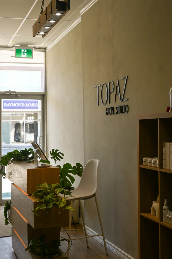 Reception area inside Topaz Facial Studio in Kitsilano