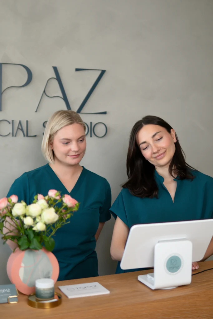 Elena and Anna at the Topaz Facial Studio reception.