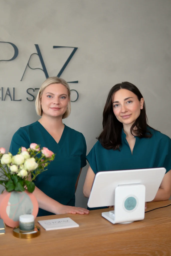 Elena and Anna at the Topaz Facial Studio reception.